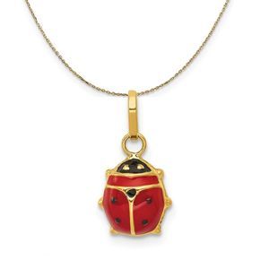 14k Yellow Gold 3D Red Enameled Ladybug (9mm) Necklace - 16 Inch